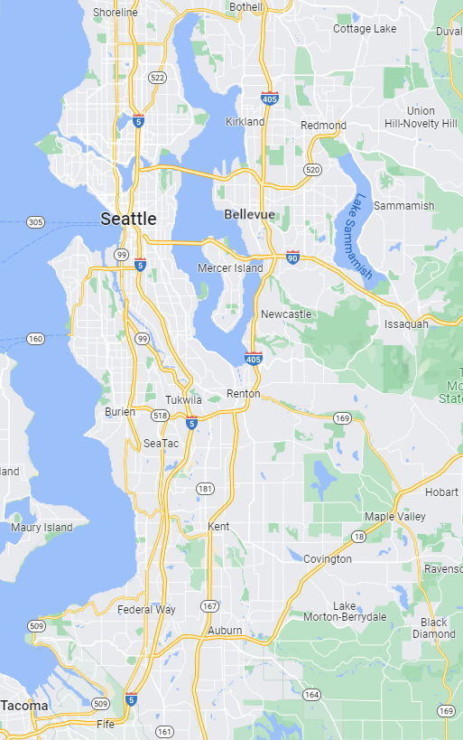 Tukwila Concrete Pro service area depicted in a map